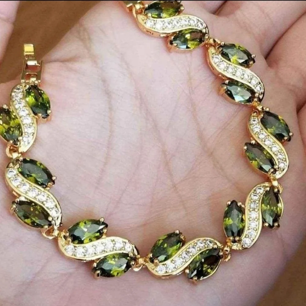 New 18K Gold Plated Marquise Cut Peridot Diamond Bracelet Women With Extender - Picture 2 of 7